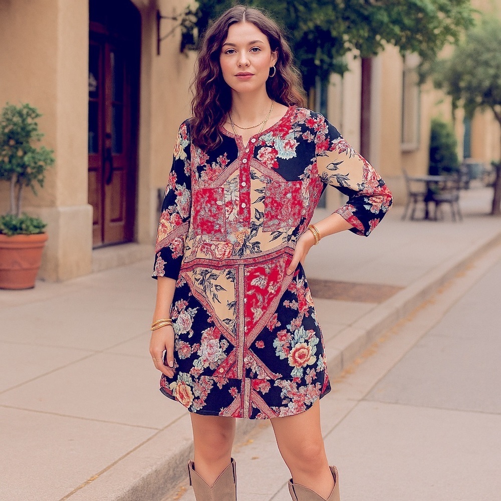 Anthropologie Fig and Flower Boho Floral Patchwork Tunic Dress Size L